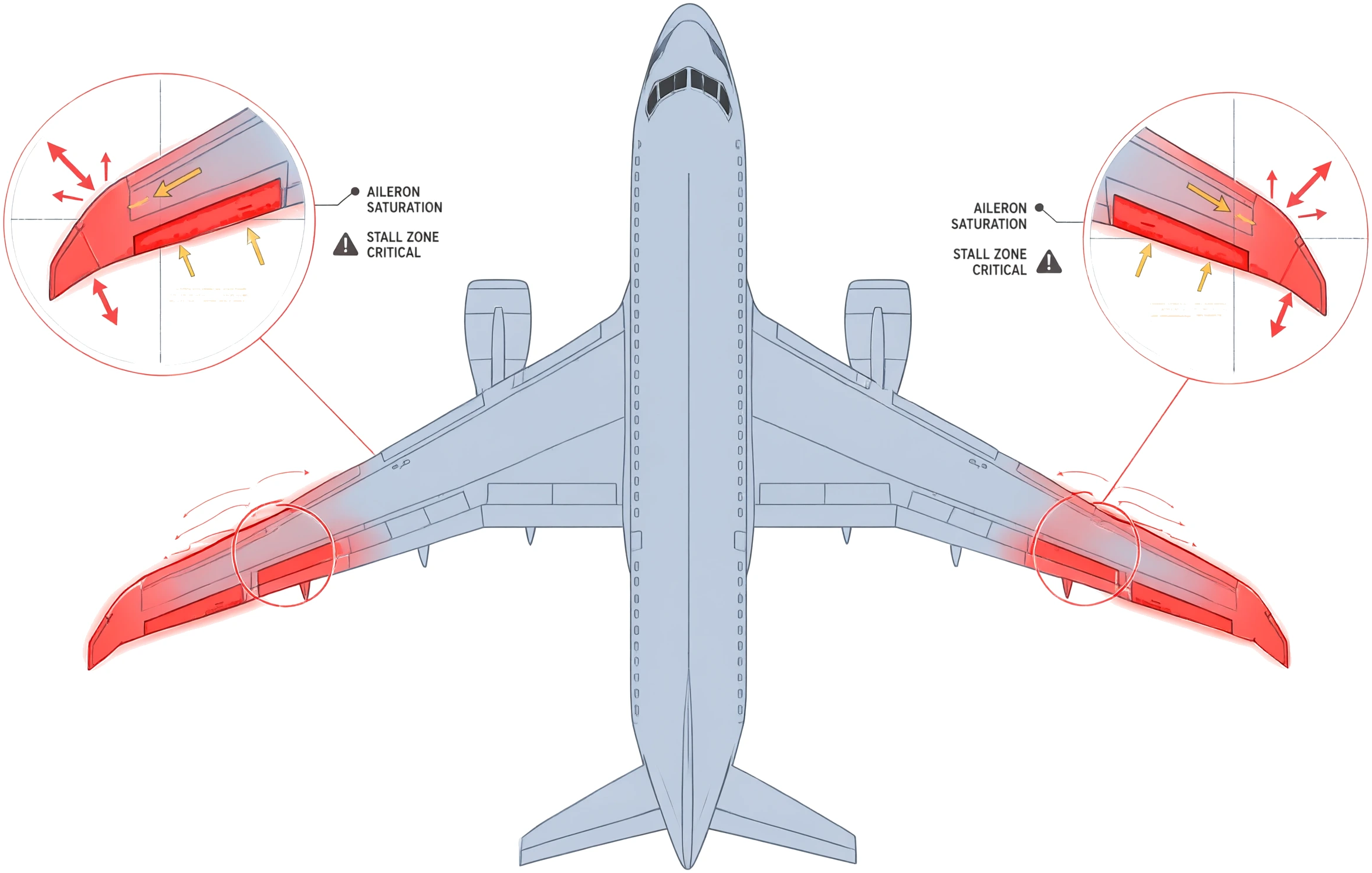 Top-down schematic of transport aircraft with swept wings and glowing red wing tip stall zones